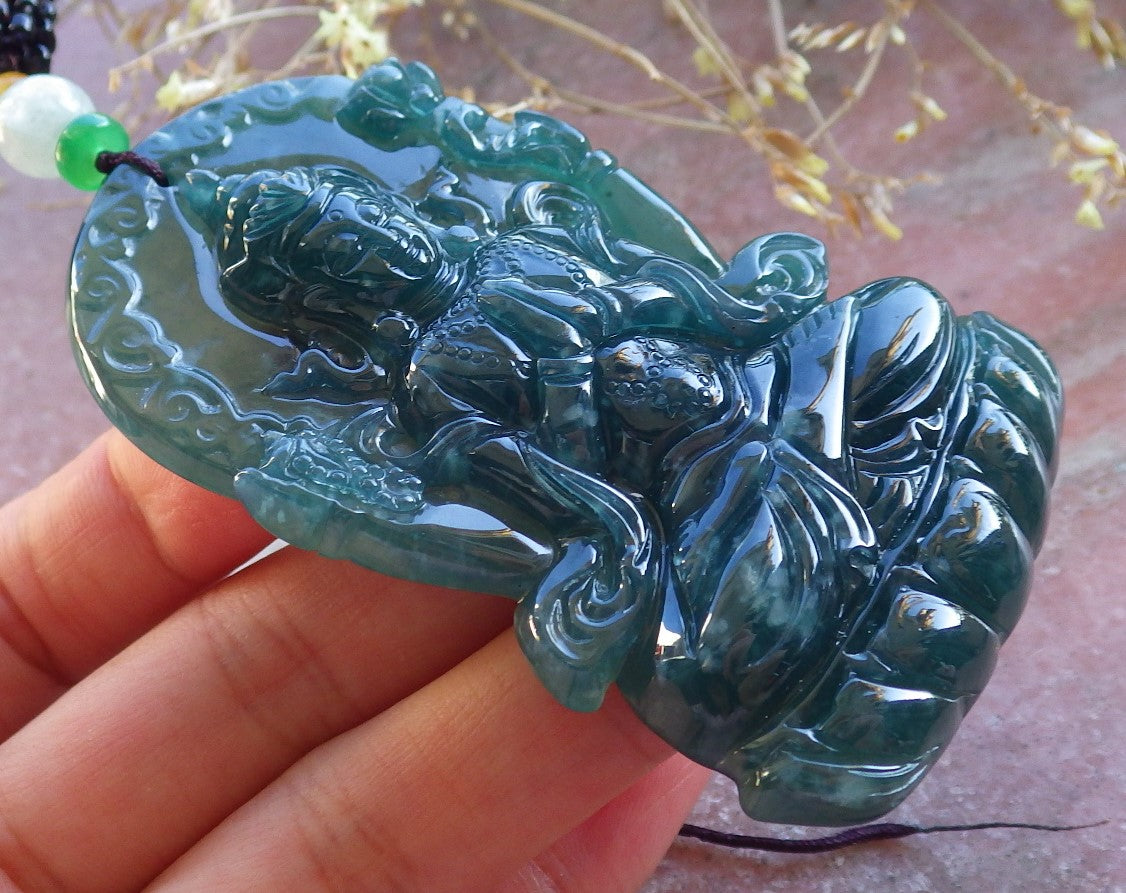 Certified Icy Blue Water Green Burma 100% Natural A Jade jadeite Pendant Guanyin Kwan Yin Lotus Flower Necklace 观音 632612  TN