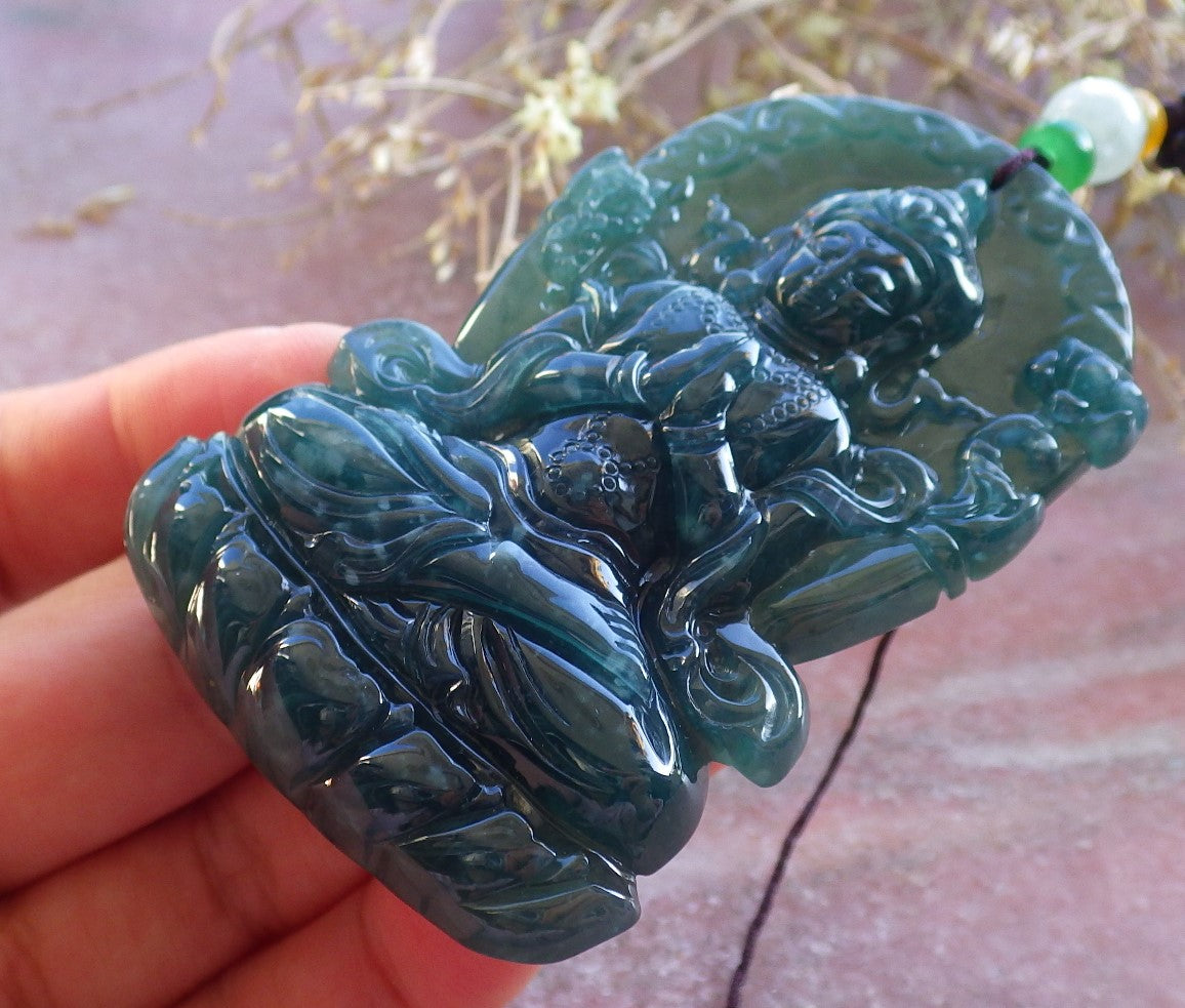 Certified Icy Blue Water Green Burma 100% Natural A Jade jadeite Pendant Guanyin Kwan Yin Lotus Flower Necklace 观音 632612  TN