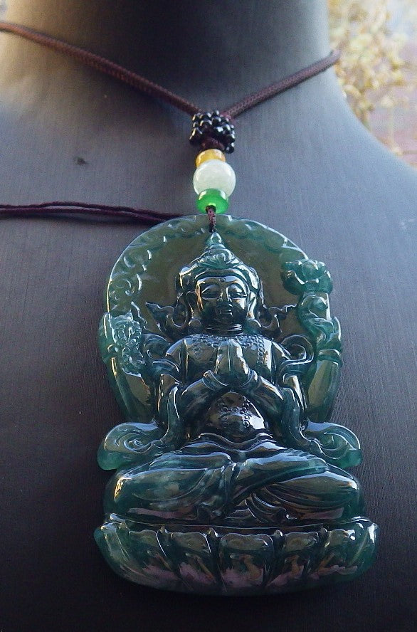Certified Icy Blue Water Green Burma 100% Natural A Jade jadeite Pendant Guanyin Kwan Yin Lotus Flower Necklace 观音 632612  TN