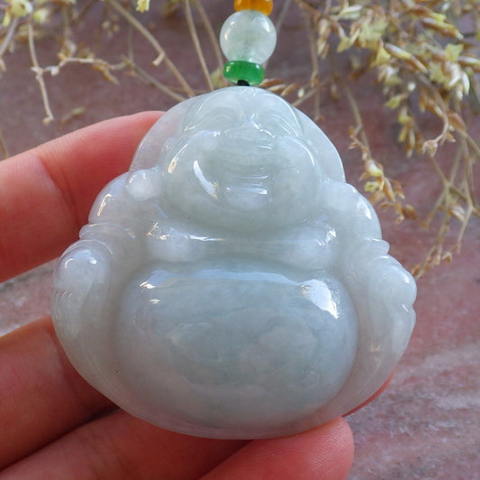 Certified Green Burma 100% Natural A Jade jadeite pendant Happy Buddha God Necklace 开心佛 642622  TN