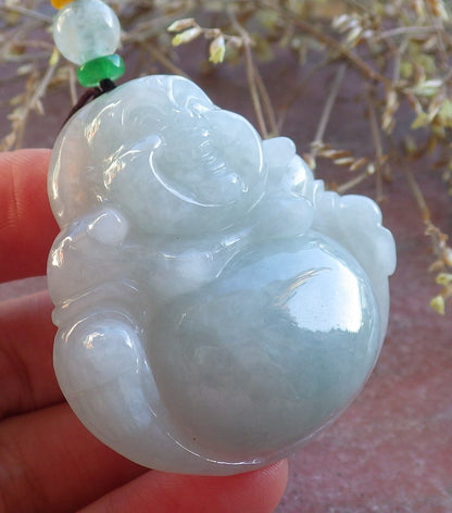 Certified Green Burma 100% Natural A Jade jadeite pendant Happy Buddha God Necklace 开心佛 642622  TN