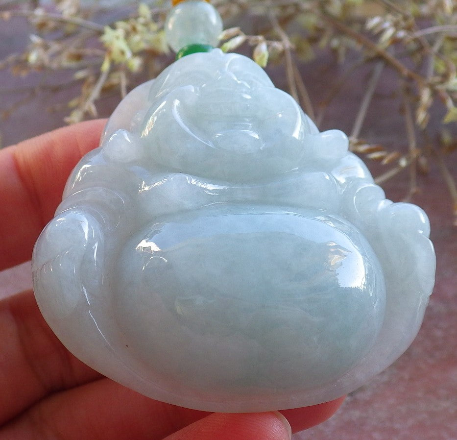 Certified Green Burma 100% Natural A Jade jadeite pendant Happy Buddha God Necklace 开心佛 642622  TN