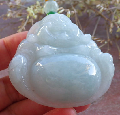 Certified Green Burma 100% Natural A Jade jadeite pendant Happy Buddha God Necklace 开心佛 642622  TN