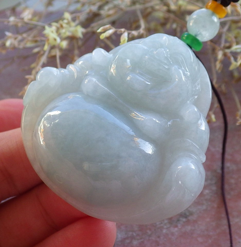 Certified Green Burma 100% Natural A Jade jadeite pendant Happy Buddha God Necklace 开心佛 642622  TN