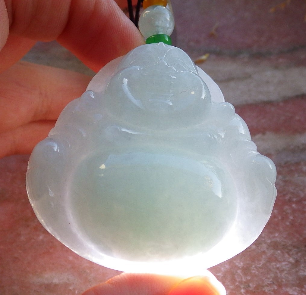 Certified Green Burma 100% Natural A Jade jadeite pendant Happy Buddha God Necklace 开心佛 642622  TN