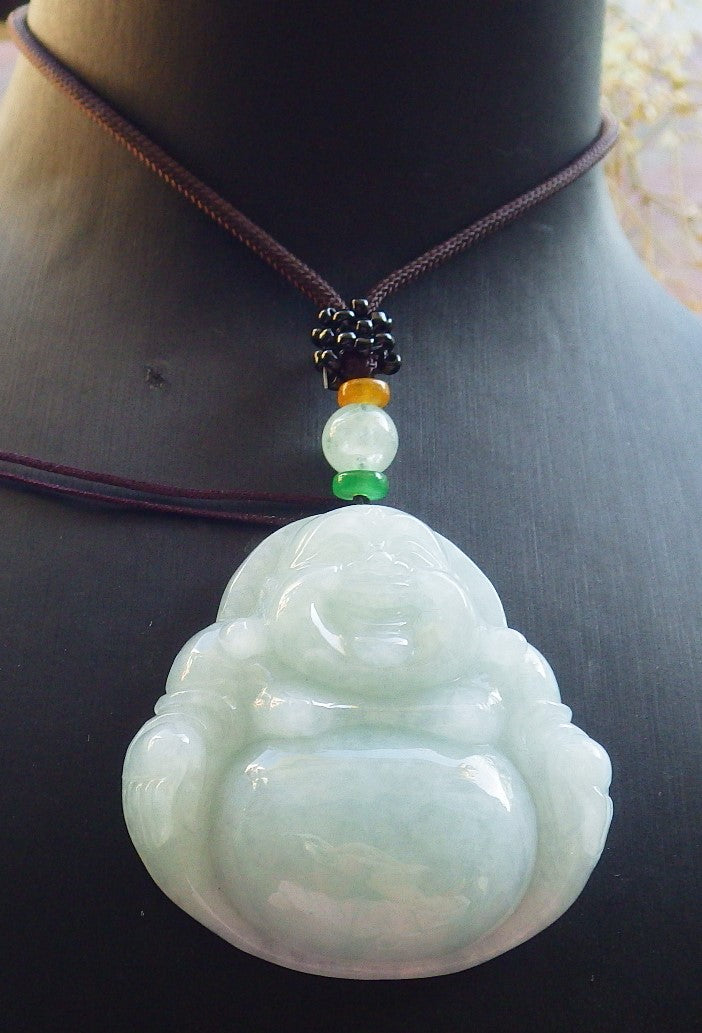 Certified Green Burma 100% Natural A Jade jadeite pendant Happy Buddha God Necklace 开心佛 642622  TN