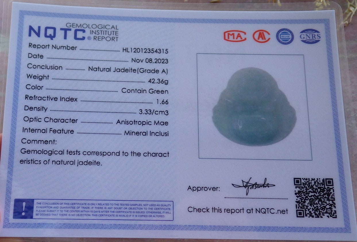 Certified Green Burma 100% Natural A Jade jadeite pendant Happy Buddha God Necklace 开心佛 642622  TN