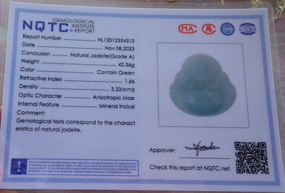 Certified Green Burma 100% Natural A Jade jadeite pendant Happy Buddha God Necklace 开心佛 642622  TN