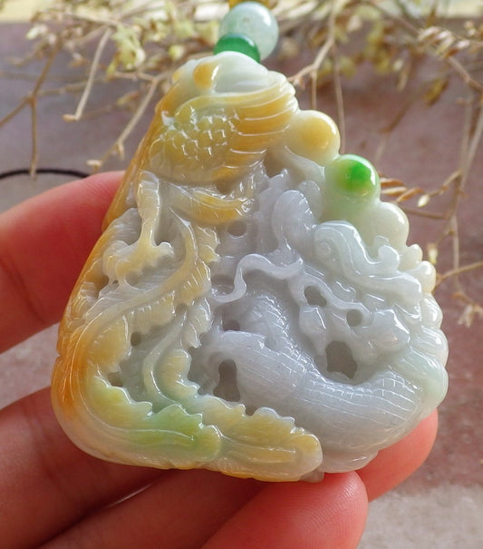 Certified Yellow Green Burma 100% Natural A Jade jadeite Pendant Dragon Phoenix Ruyi Bead Necklace 龙凤 642652  TN