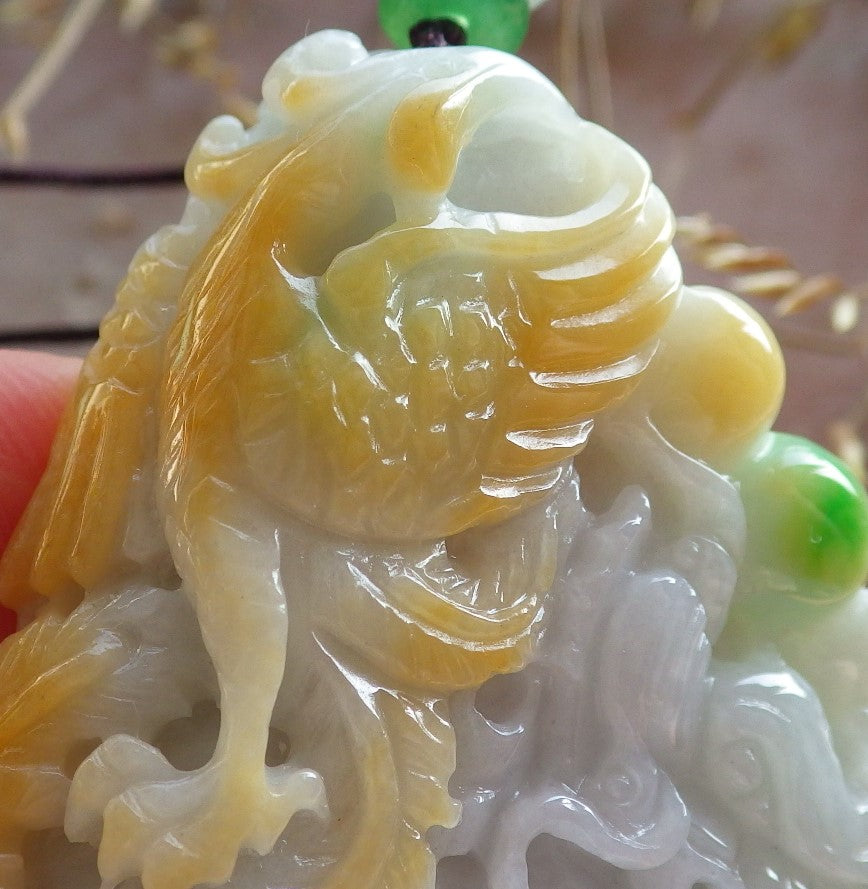 Certified Yellow Green Burma 100% Natural A Jade jadeite Pendant Dragon Phoenix Ruyi Bead Necklace 龙凤 642652  TN