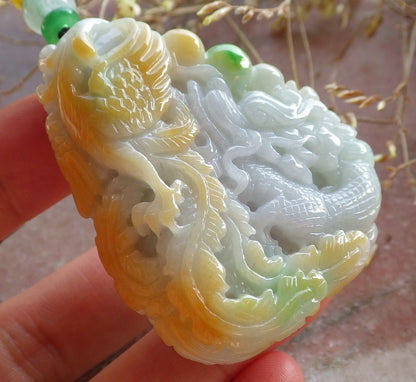 Certified Yellow Green Burma 100% Natural A Jade jadeite Pendant Dragon Phoenix Ruyi Bead Necklace 龙凤 642652  TN