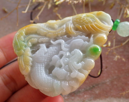 Certified Yellow Green Burma 100% Natural A Jade jadeite Pendant Dragon Phoenix Ruyi Bead Necklace 龙凤 642652  TN