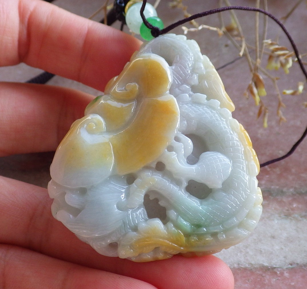 Certified Yellow Green Burma 100% Natural A Jade jadeite Pendant Dragon Phoenix Ruyi Bead Necklace 龙凤 642652  TN