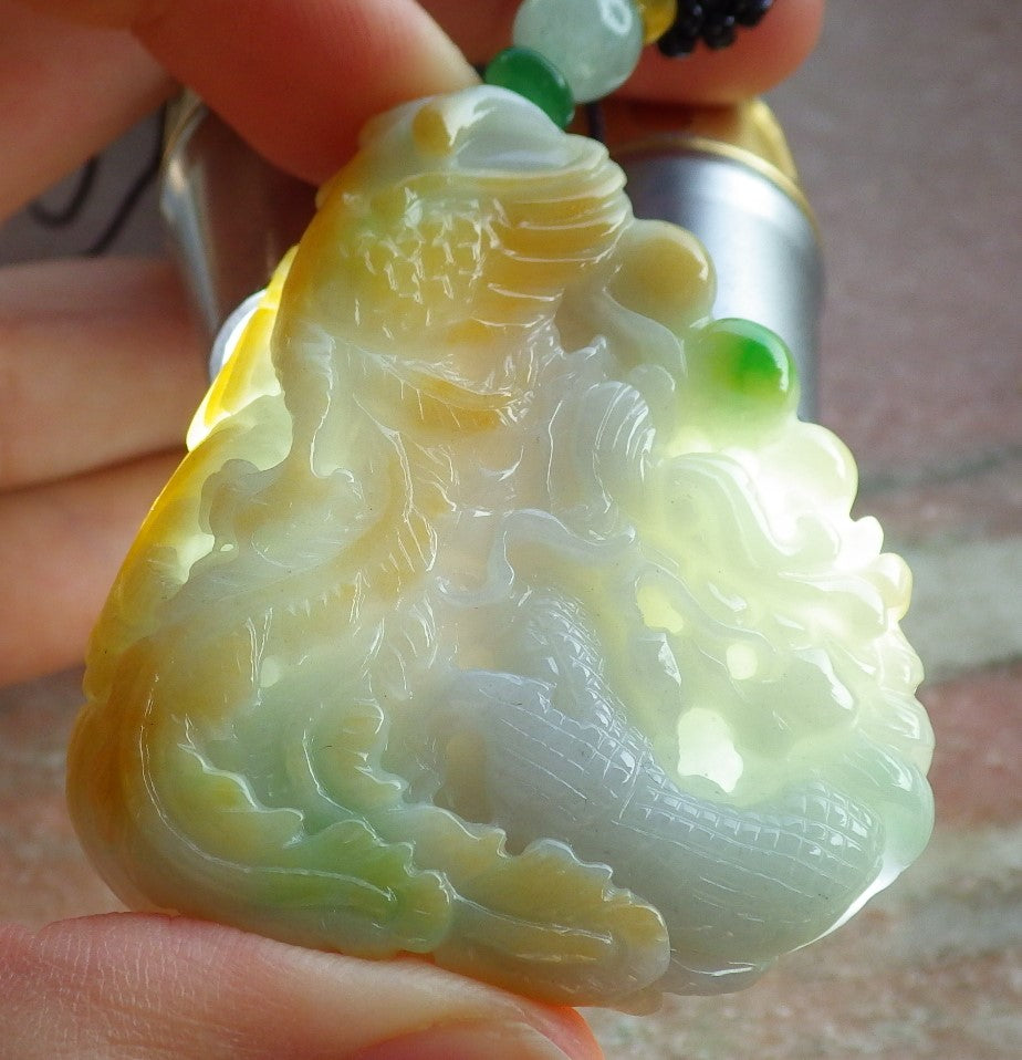Certified Yellow Green Burma 100% Natural A Jade jadeite Pendant Dragon Phoenix Ruyi Bead Necklace 龙凤 642652  TN