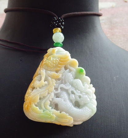 Certified Yellow Green Burma 100% Natural A Jade jadeite Pendant Dragon Phoenix Ruyi Bead Necklace 龙凤 642652  TN