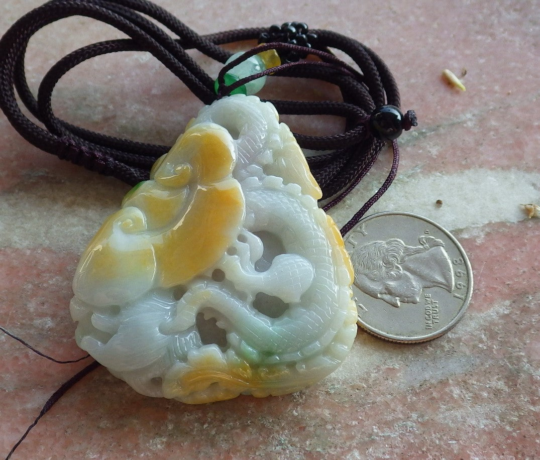 Certified Yellow Green Burma 100% Natural A Jade jadeite Pendant Dragon Phoenix Ruyi Bead Necklace 龙凤 642652  TN