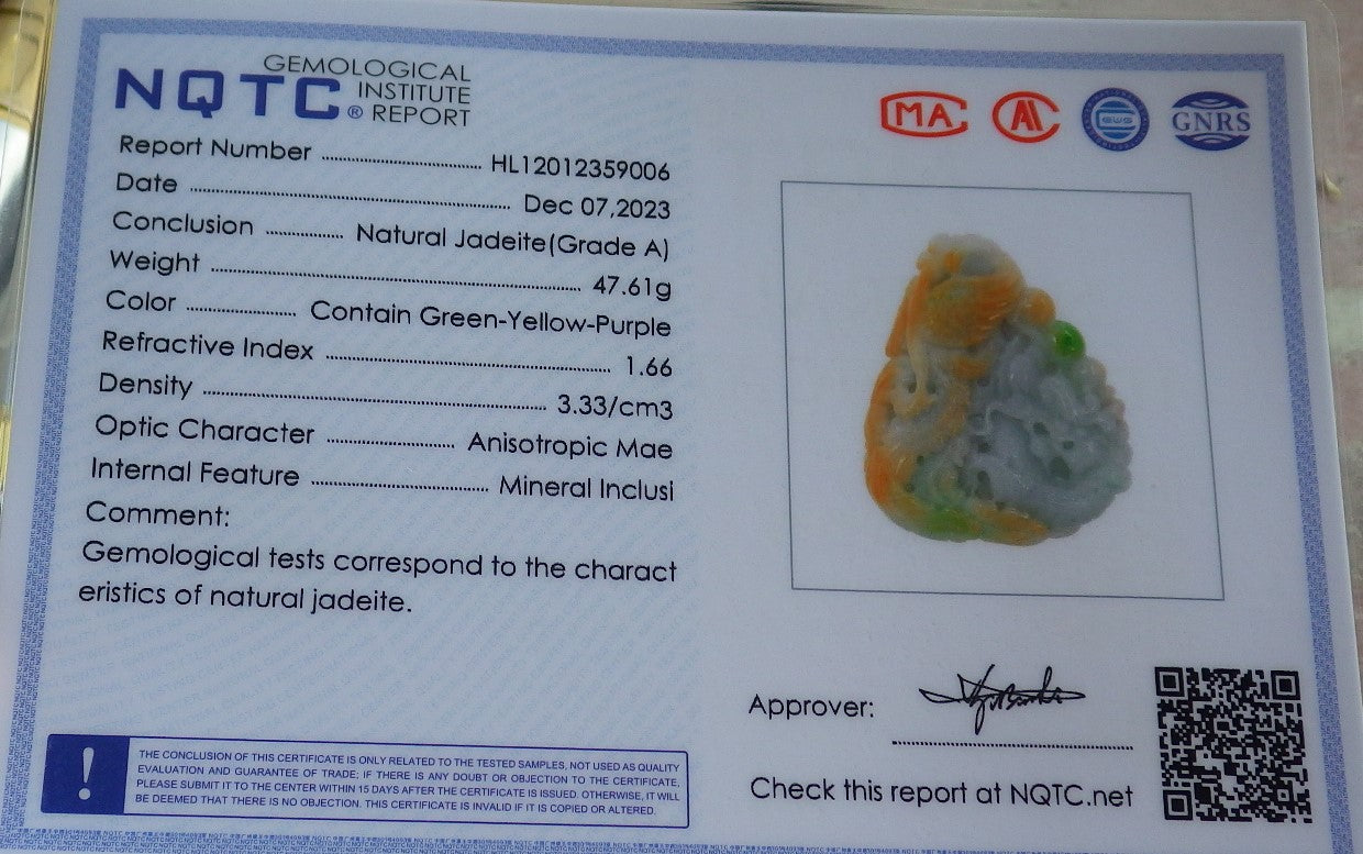 Certified Yellow Green Burma 100% Natural A Jade jadeite Pendant Dragon Phoenix Ruyi Bead Necklace 龙凤 642652  TN