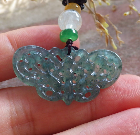 Certified Icy Green Burma 100% Natural A Jade jadeite Pendant Butterfly Neckace 蝴蝶 642671  TN