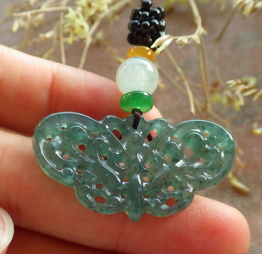 Certified Icy Green Burma 100% Natural A Jade jadeite Pendant Butterfly Neckace 蝴蝶 642688  TN