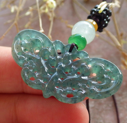 Certified Icy Green Burma 100% Natural A Jade jadeite Pendant Butterfly Neckace 蝴蝶 642688  TN