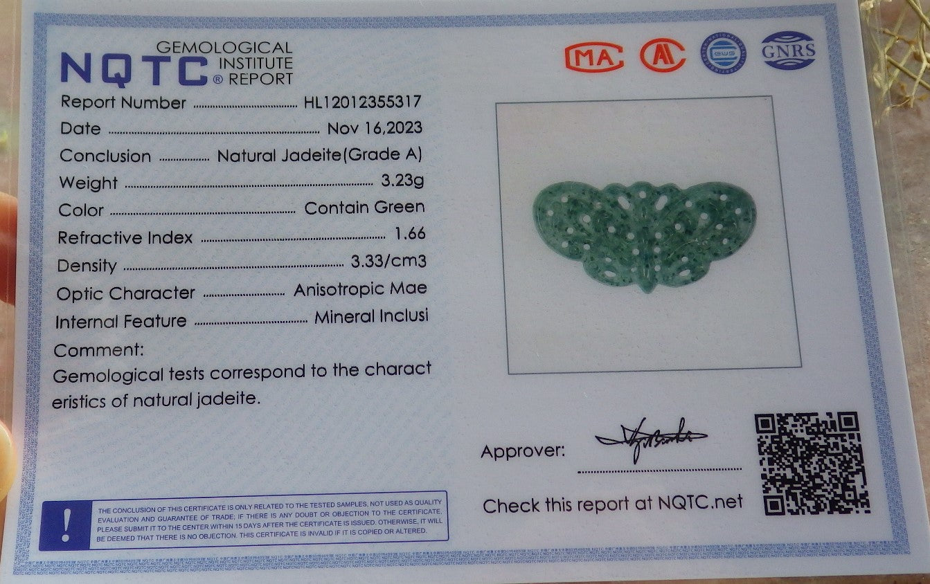 Certified Icy Green Burma 100% Natural A Jade jadeite Pendant Butterfly Neckace 蝴蝶 642688  TN