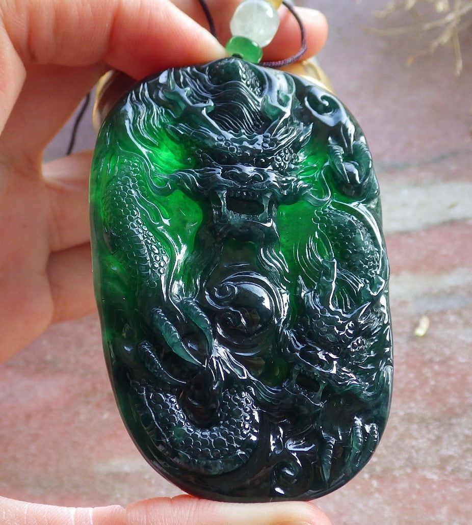 Certified Icy Green Burma 100% Natural A Jade jadeite Pendant Dragon Bead Necklace 生意兴隆 642723  TN