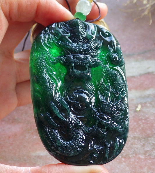 Certified Icy Green Burma 100% Natural A Jade jadeite Pendant Dragon Bead Necklace 生意兴隆 642723  TN