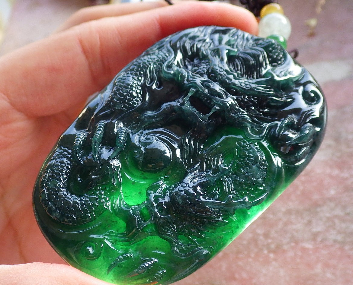 Certified Icy Green Burma 100% Natural A Jade jadeite Pendant Dragon Bead Necklace 生意兴隆 642723  TN