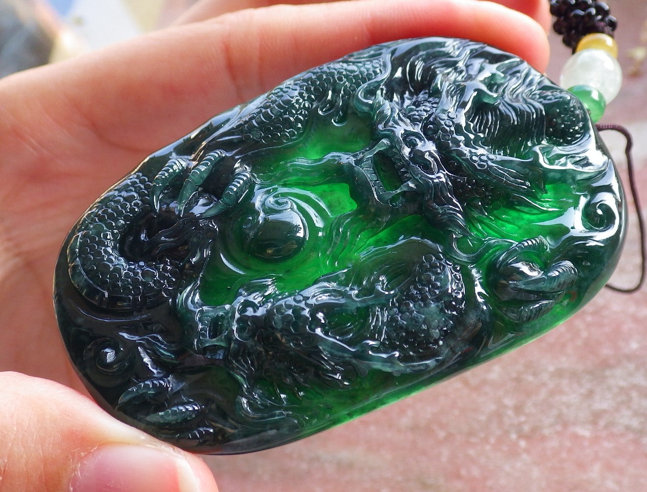 Certified Icy Green Burma 100% Natural A Jade jadeite Pendant Dragon Bead Necklace 生意兴隆 642723  TN