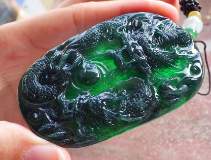 Certified Icy Green Burma 100% Natural A Jade jadeite Pendant Dragon Bead Necklace 生意兴隆 642723  TN
