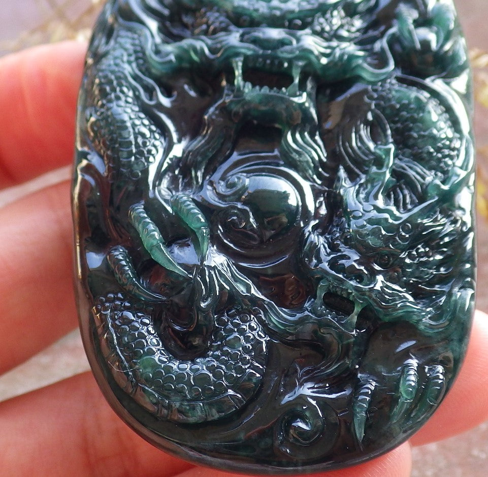 Certified Icy Green Burma 100% Natural A Jade jadeite Pendant Dragon Bead Necklace 生意兴隆 642723  TN