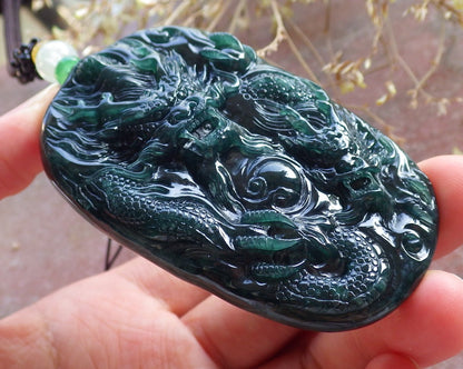 Certified Icy Green Burma 100% Natural A Jade jadeite Pendant Dragon Bead Necklace 生意兴隆 642723  TN