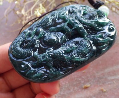 Certified Icy Green Burma 100% Natural A Jade jadeite Pendant Dragon Bead Necklace 生意兴隆 642723  TN