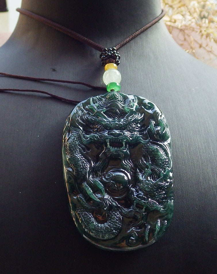 Certified Icy Green Burma 100% Natural A Jade jadeite Pendant Dragon Bead Necklace 生意兴隆 642723  TN