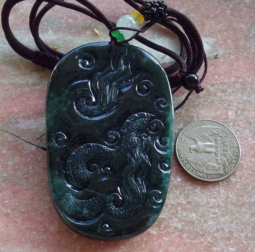 Certified Icy Green Burma 100% Natural A Jade jadeite Pendant Dragon Bead Necklace 生意兴隆 642723  TN