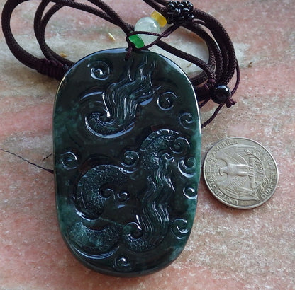 Certified Icy Green Burma 100% Natural A Jade jadeite Pendant Dragon Bead Necklace 生意兴隆 642723  TN