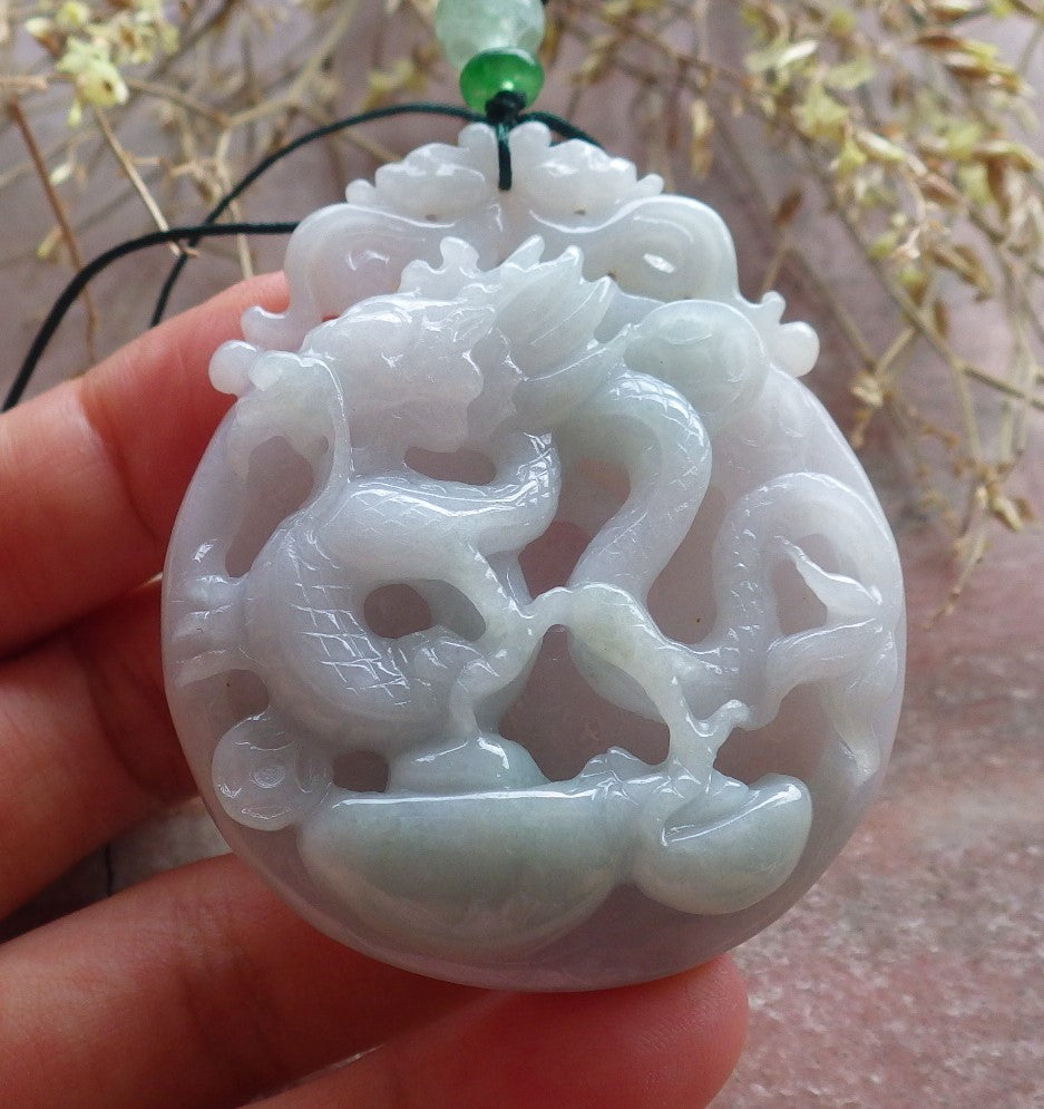 Certified Green Burma 100% Natural A Jade jadeite Pendant Dragon Coin Necklace 生意兴隆 642813  TN