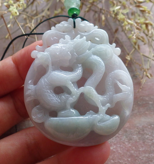 Certified Green Burma 100% Natural A Jade jadeite Pendant Dragon Coin Necklace 生意兴隆 642813  TN