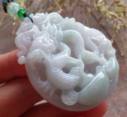 Certified Green Burma 100% Natural A Jade jadeite Pendant Dragon Coin Necklace 生意兴隆 642813  TN
