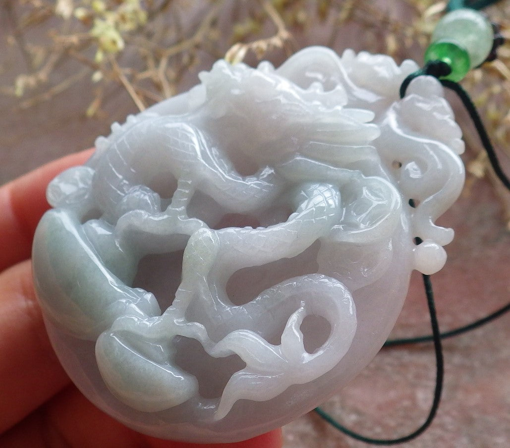 Certified Green Burma 100% Natural A Jade jadeite Pendant Dragon Coin Necklace 生意兴隆 642813  TN