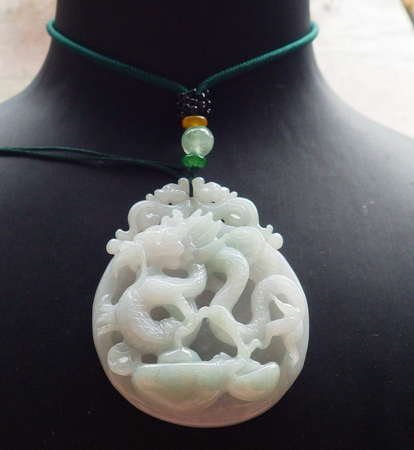 Certified Green Burma 100% Natural A Jade jadeite Pendant Dragon Coin Necklace 生意兴隆 642813  TN