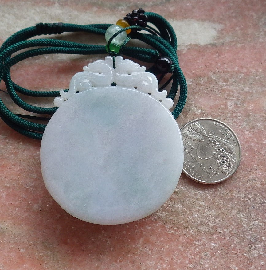 Certified Green Burma 100% Natural A Jade jadeite Pendant Dragon Coin Necklace 生意兴隆 642813  TN