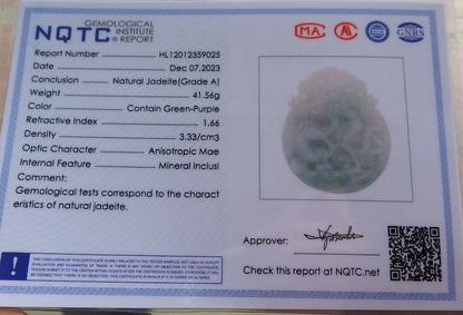 Certified Green Burma 100% Natural A Jade jadeite Pendant Dragon Coin Necklace 生意兴隆 642813  TN