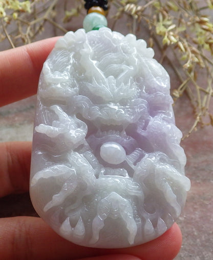 Certified Green Lavender Burma 100% Natural A Jade jadeite Pendant 9 Dragon Spit Bead Necklace 九龙戏珠 642850  TN