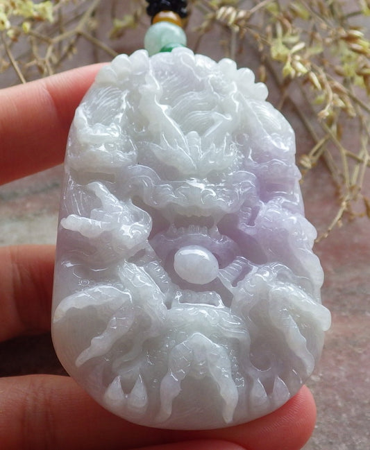 Certified Green Lavender Burma 100% Natural A Jade jadeite Pendant 9 Dragon Spit Bead Necklace 九龙戏珠 642850  TN