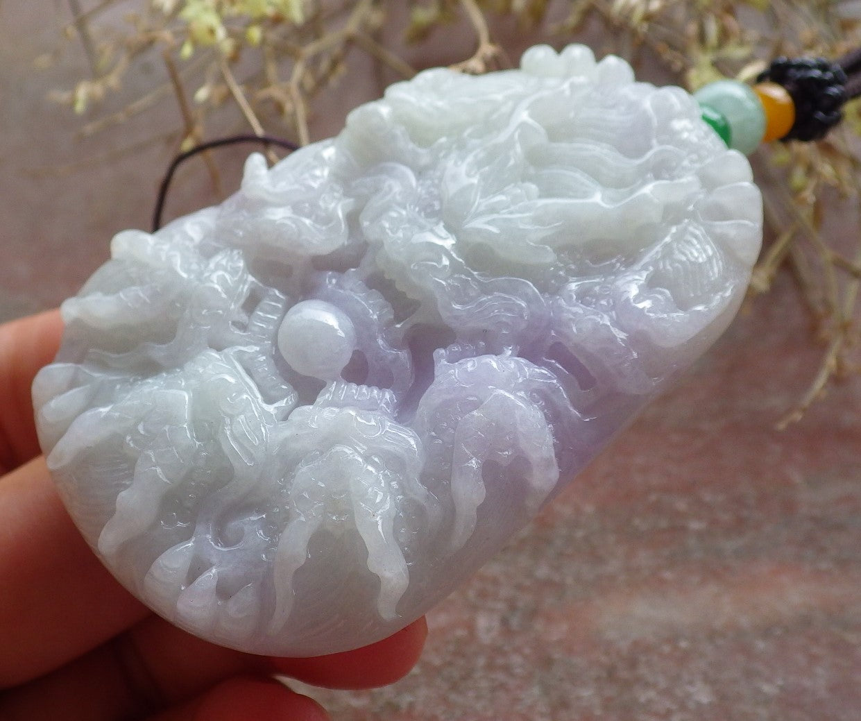 Certified Green Lavender Burma 100% Natural A Jade jadeite Pendant 9 Dragon Spit Bead Necklace 九龙戏珠 642850  TN