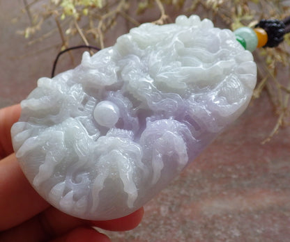 Certified Green Lavender Burma 100% Natural A Jade jadeite Pendant 9 Dragon Spit Bead Necklace 九龙戏珠 642850  TN