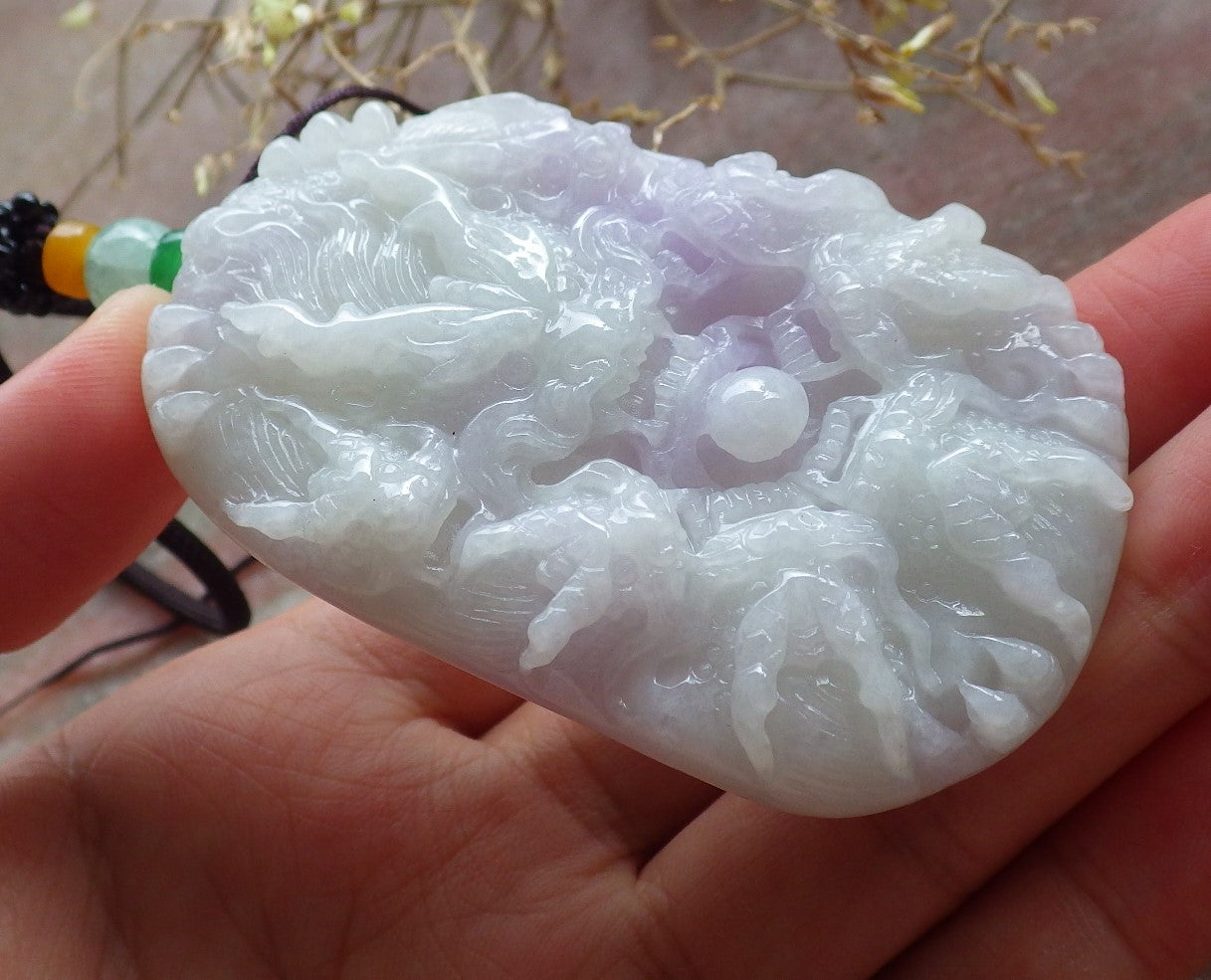 Certified Green Lavender Burma 100% Natural A Jade jadeite Pendant 9 Dragon Spit Bead Necklace 九龙戏珠 642850  TN