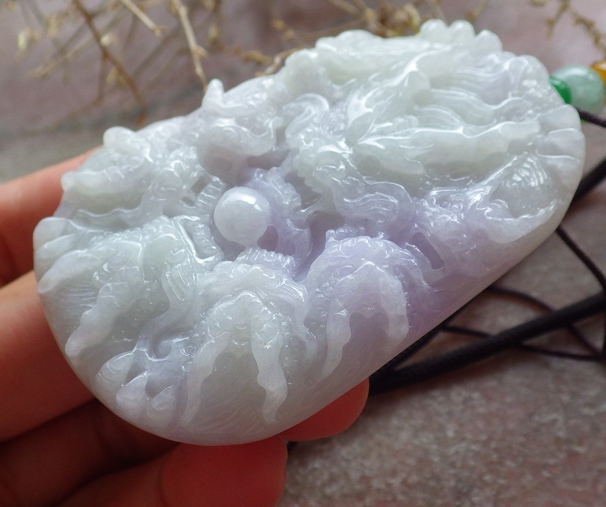 Certified Green Lavender Burma 100% Natural A Jade jadeite Pendant 9 Dragon Spit Bead Necklace 九龙戏珠 642850  TN