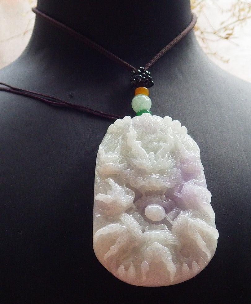 Certified Green Lavender Burma 100% Natural A Jade jadeite Pendant 9 Dragon Spit Bead Necklace 九龙戏珠 642850  TN